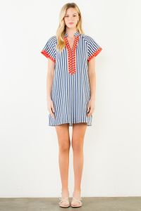 Striped Textured Embroidered Yoke Dress-Navy