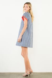 Striped Textured Embroidered Yoke Dress-Navy