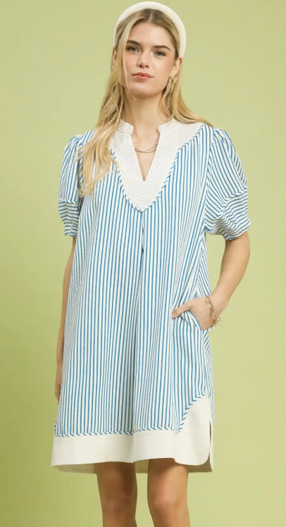 Pinstripe Shift Dress w/Contrast V-Neck & Hem