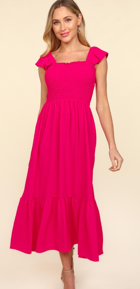 Solid Square Smocked Top Ruffle Hem Dress - Fuchsia