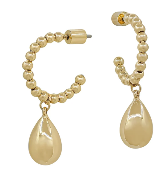 Gold Teardrop Ball Bead Hoop Earring