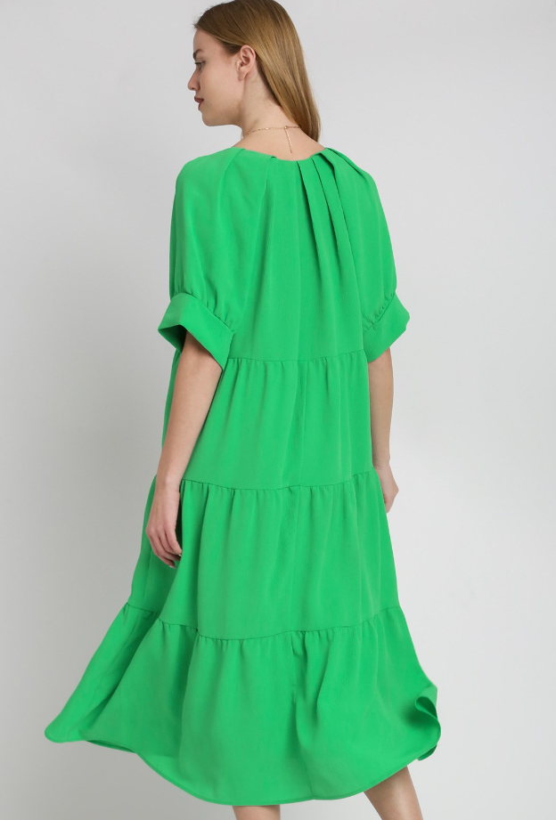 Solid V-Neck Tiered Tucked Sleeve Midi Dress - Green