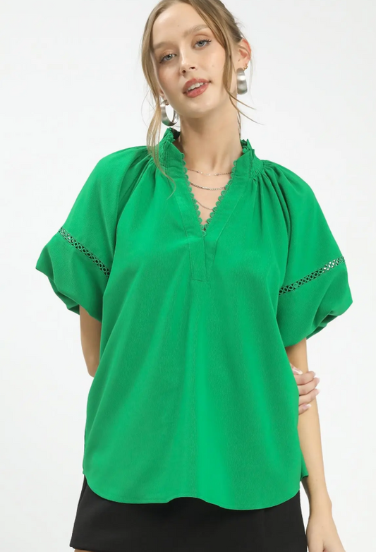 Solid V-Neck Lace Inset Puff Sleeve Top-Green