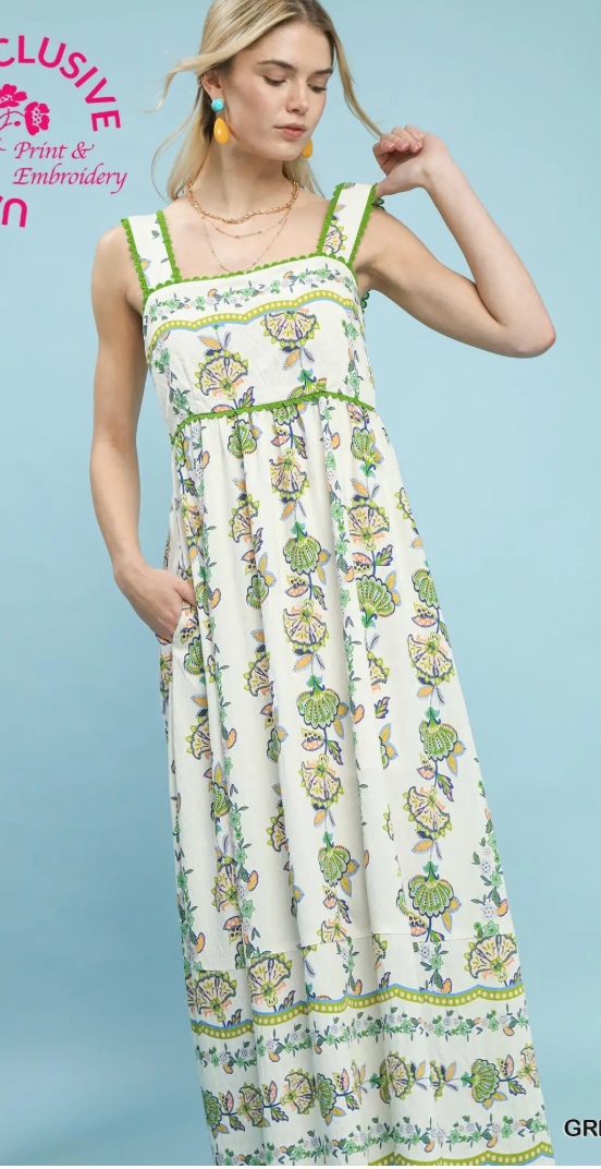 Vertical Floral Wide Strap Midi Dress-Green