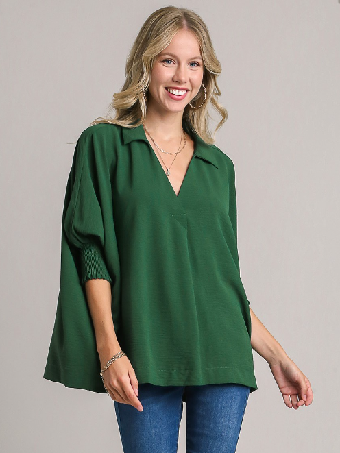 Solid Collared 3/4 Smocked Sleeve Swing Top