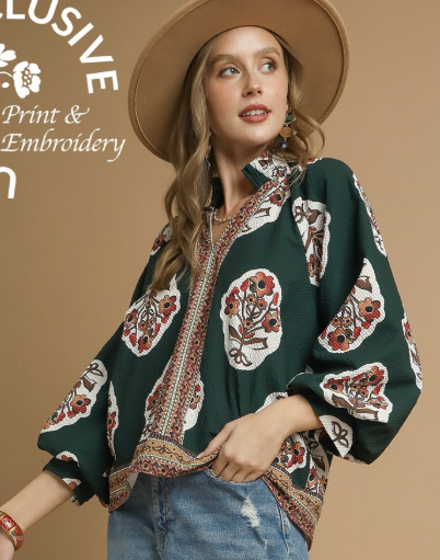 Large Spaced Floral 3/4 Sleeve Tunic Top