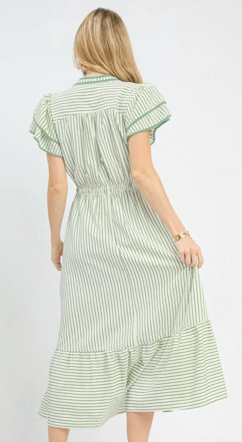 Striped Flutter Sleeve Contrast Piping Midi Dress