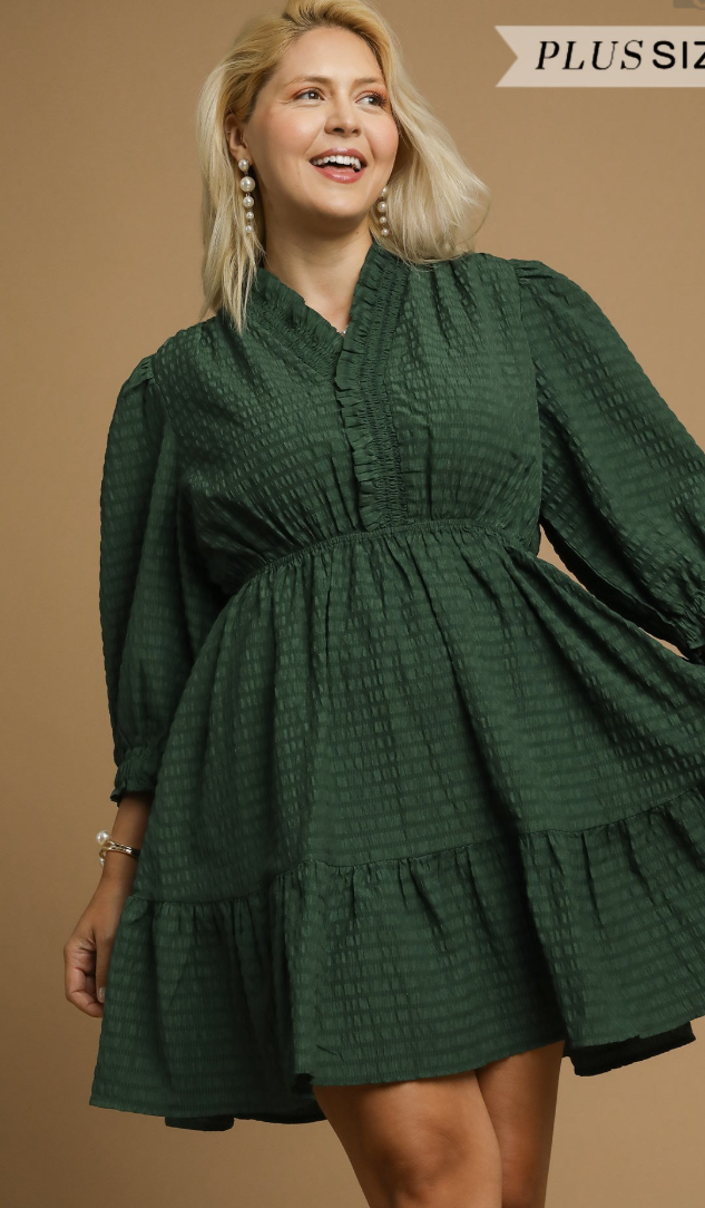 Solid Textured Ruffle Trim 3/4 Sleeve Dress-Palm Green