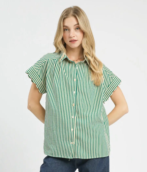 Striped Collared Button Scallop Sleeve Top-Green