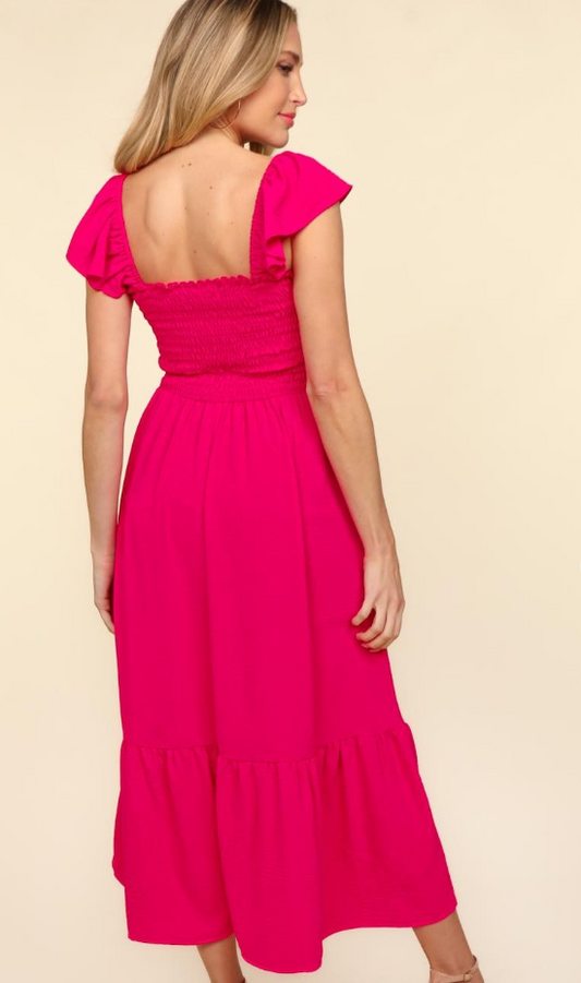 Solid Square Smocked Top Ruffle Hem Dress - Fuchsia