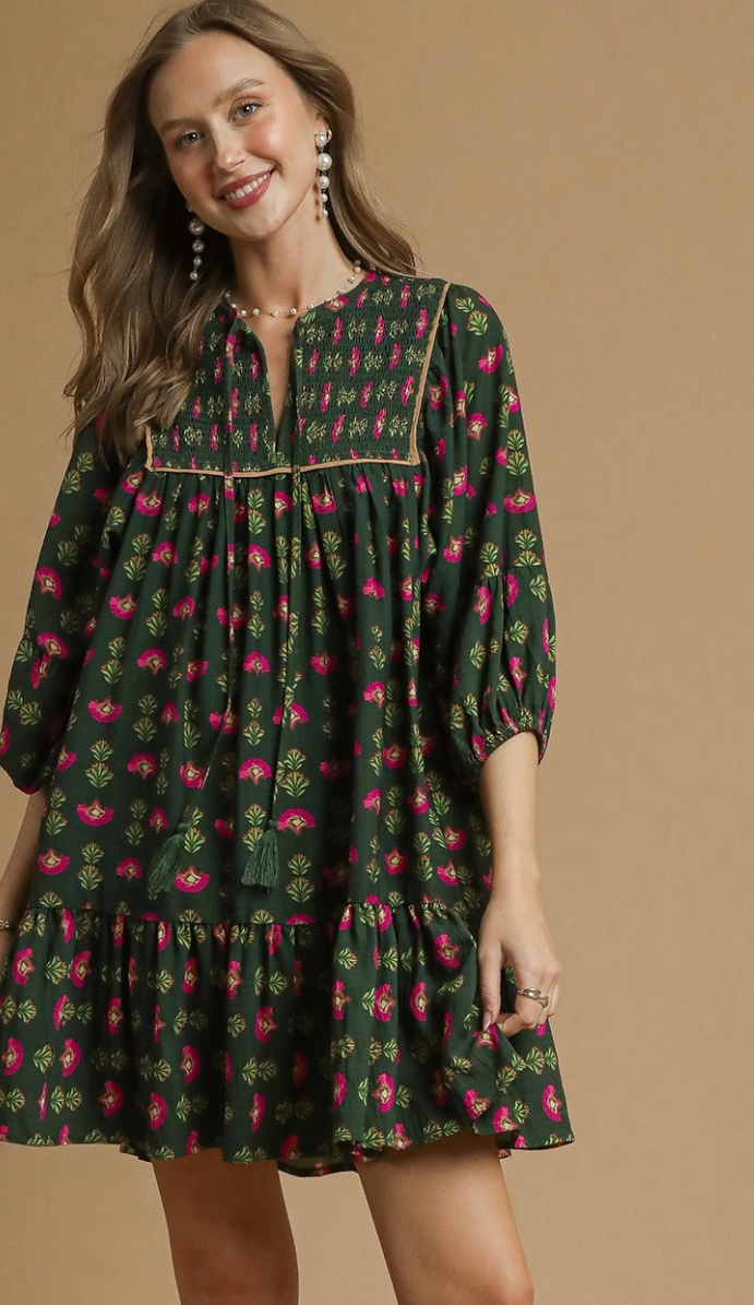 Floral Boho Smocked Yoke Tie Neck Dress-Hunter