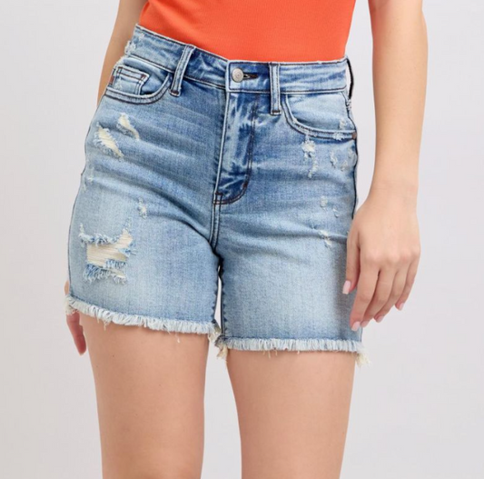 High Waist Distressed Fray Hem Shorts