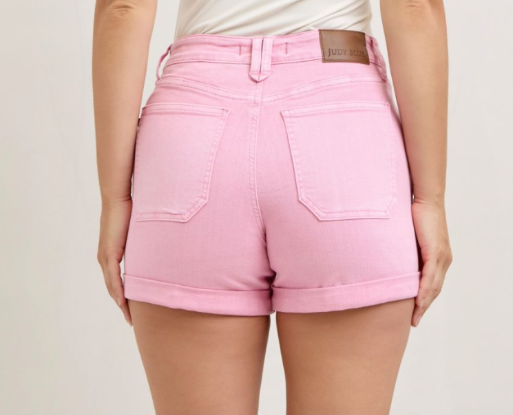 High Waist Patch Pocket Rolled Short-Pink
