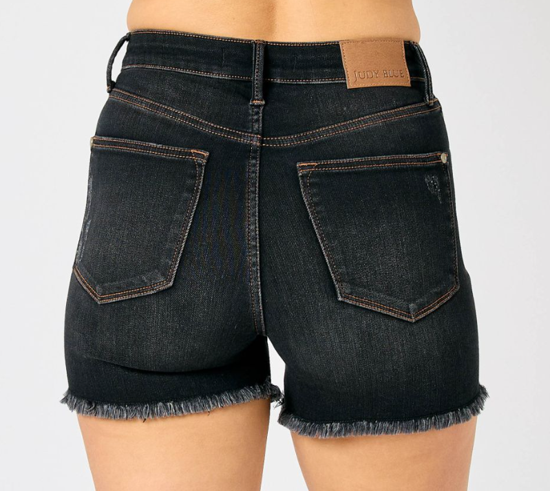 High Waist Tummy Control Fray Hem Shorts-Black