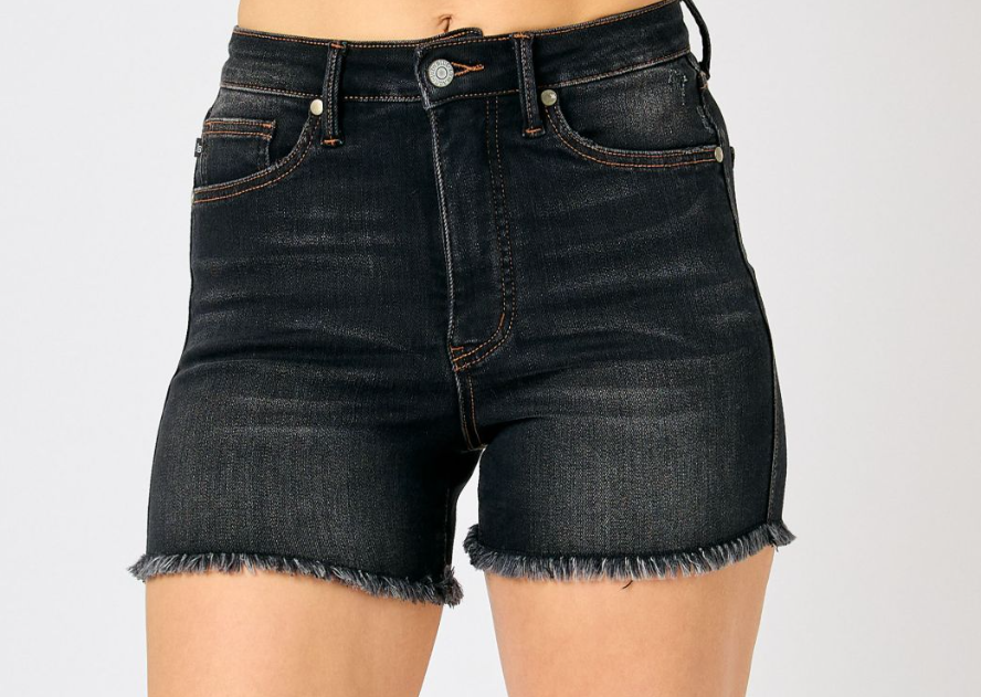 High Waist Tummy Control Fray Hem Shorts-Black