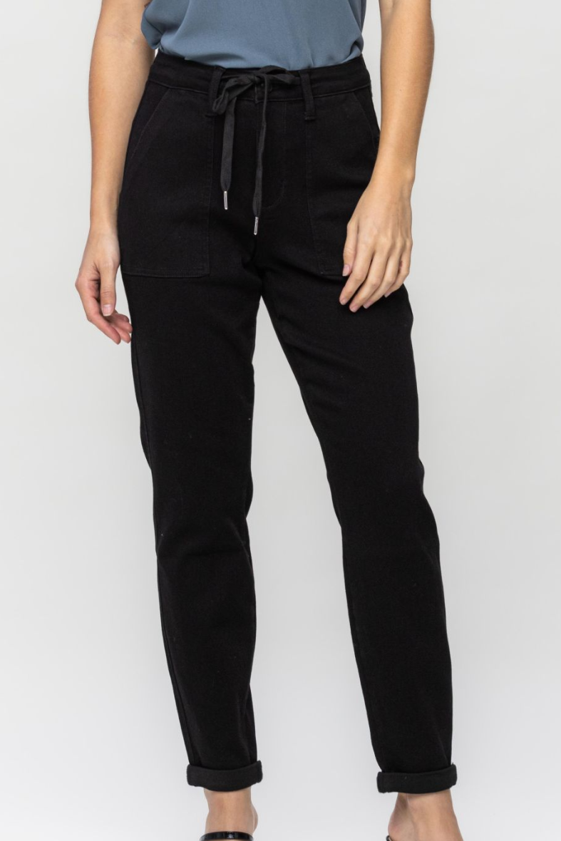 High Waist Double Roll Cuff Denim Jogger - Jet