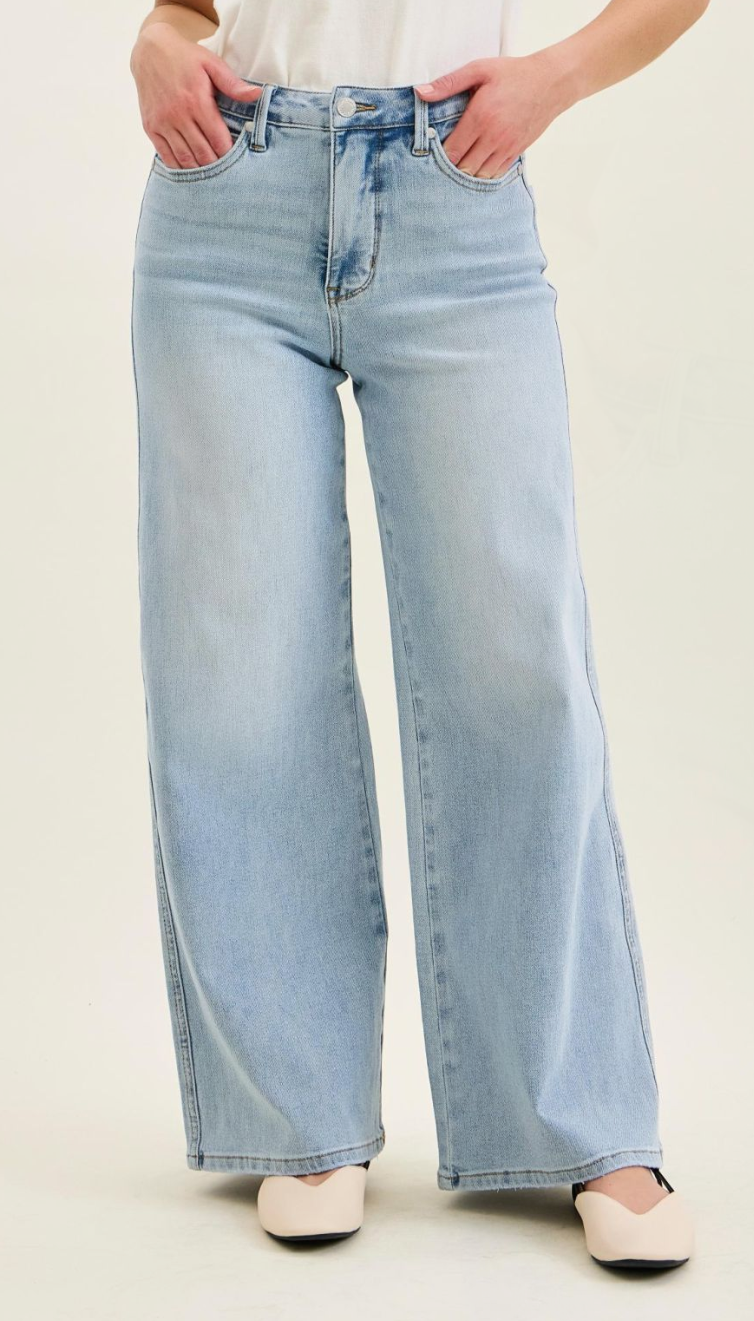 High Waist Retro Wide Leg Denim-Light