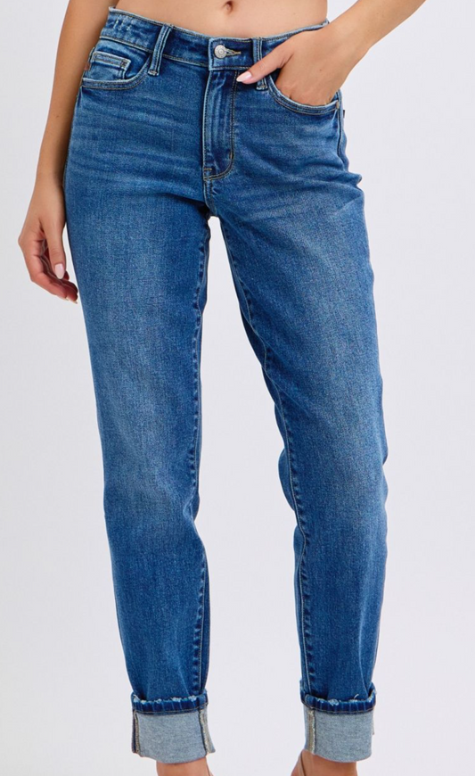 Medium Rise Vintage Wash Boyfriend W/ Cuff Denim