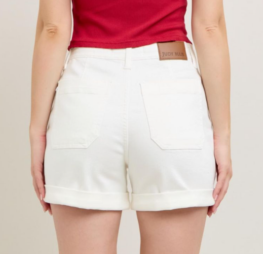 High Waist Cuffed Drawstring Waist Denim Short-White