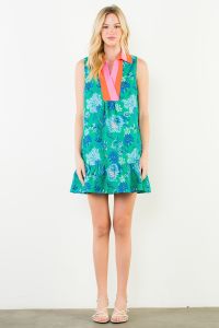 Sleeveless Floral Vine Ruffle Hem Contrast Yoke Dress-Jade
