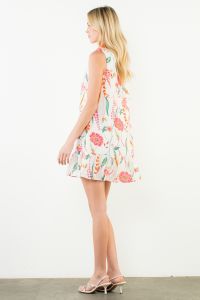 Sleeveless Floral Ruffle Hem Contrast Yoke Dress-Cream