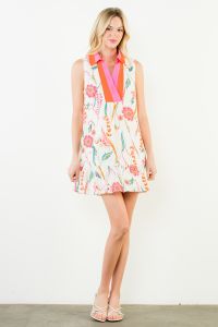 Sleeveless Floral Ruffle Hem Contrast Yoke Dress-Cream