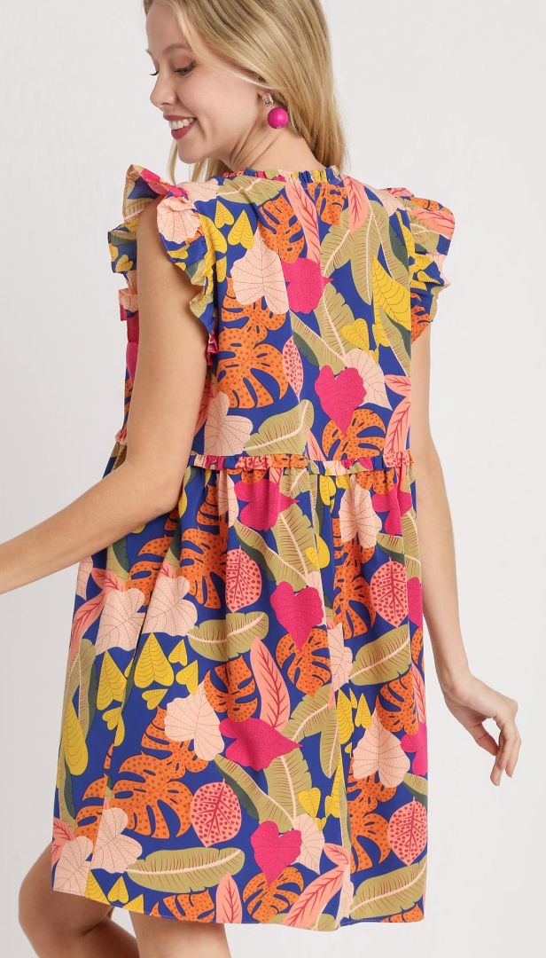 Tropical Leaf Print V-Neck Ruffle Flutter Sleeve Dress - Blue