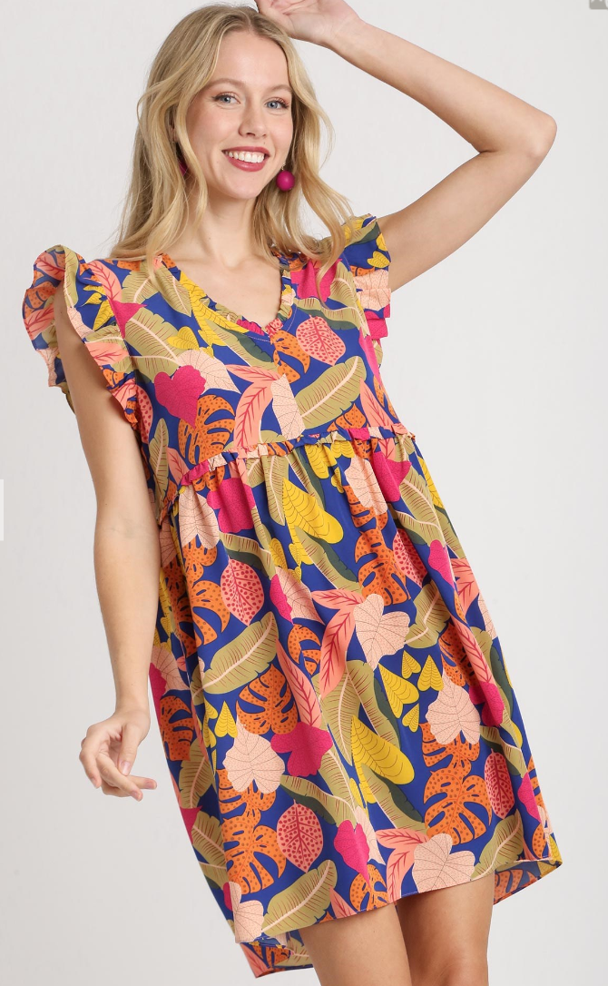 Tropical Leaf Print V-Neck Ruffle Flutter Sleeve Dress - Blue