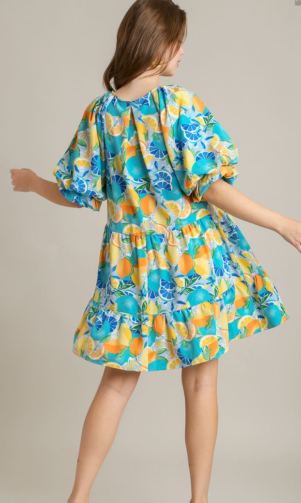 Fruit Print Tiered Tie Neck Puff Sleeve Dress - Blue