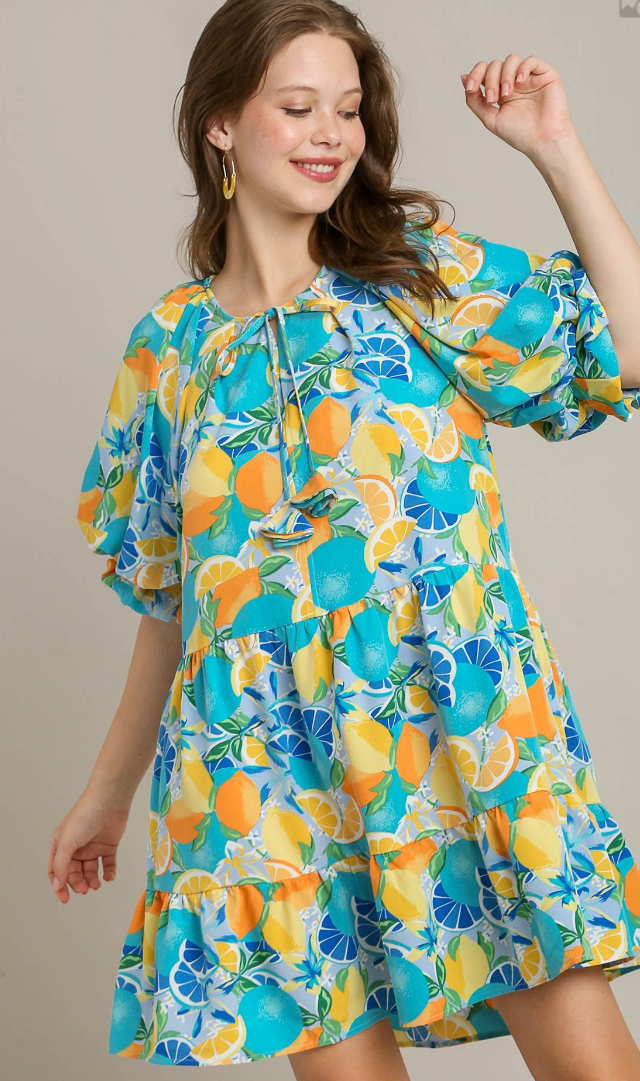 Fruit Print Tiered Tie Neck Puff Sleeve Dress - Blue