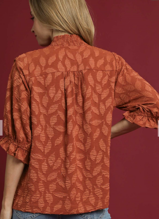 Leaf Jacquard V-Neck 3/4 Sleeve Top-Rust