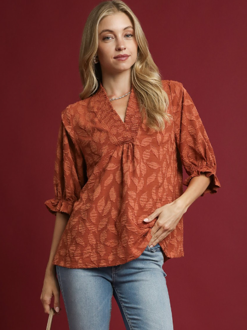 Leaf Jacquard V-Neck 3/4 Sleeve Top-Rust