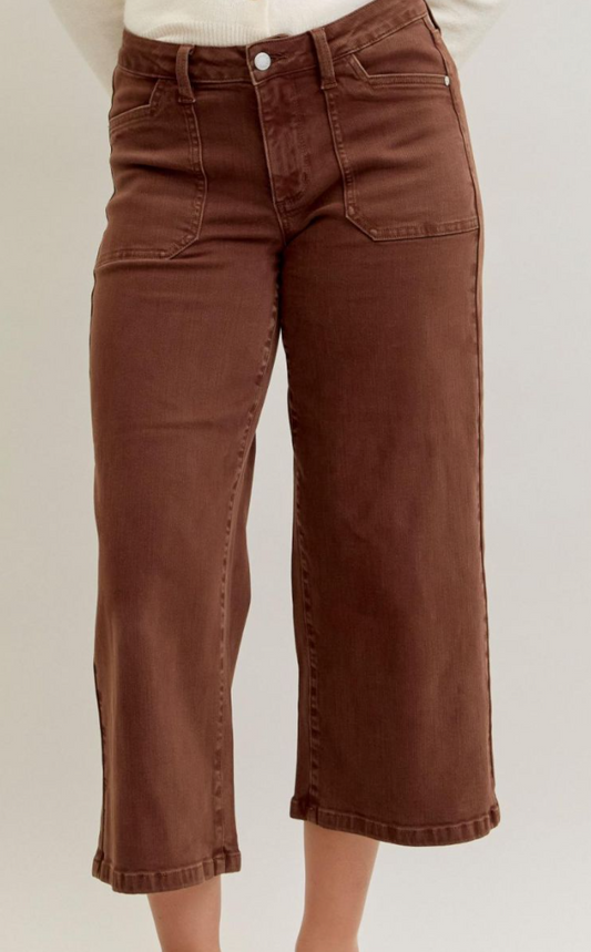 Mid Rise Wide Crop Utility Pocket Denim-Maple