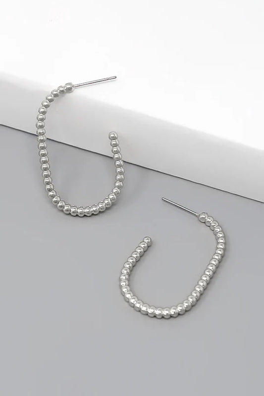 Metal Ball Oval Hoop Earring-Silver