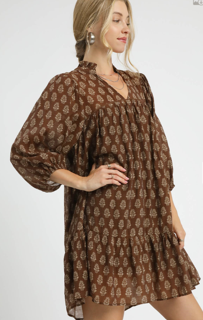 Floral Medallion 3/4 Sleeve Split Neck Dress-Brown