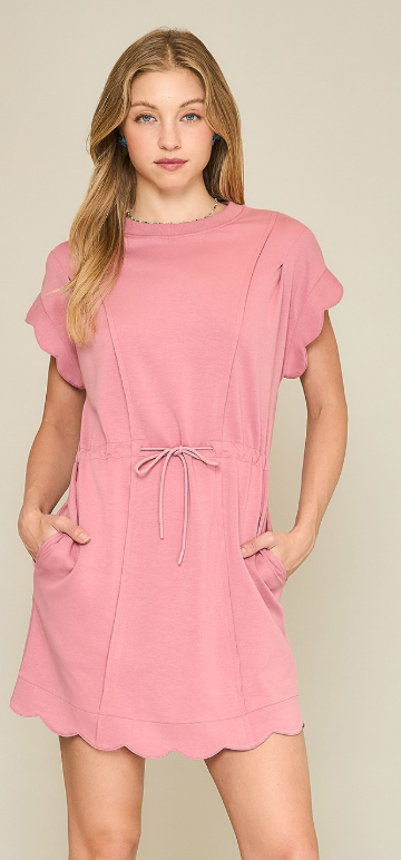 Solid Scallop Detail Luxe Knit Drawstring Dress