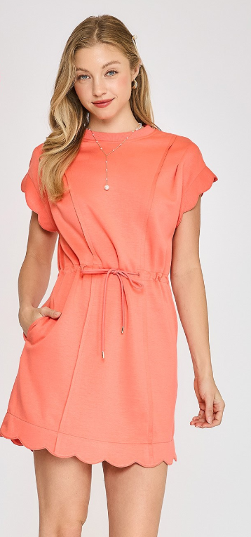Solid Scallop Detail Luxe Knit Drawstring Dress