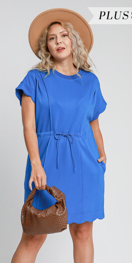 Solid Scallop Detail Luxe Knit Drawstring Dress