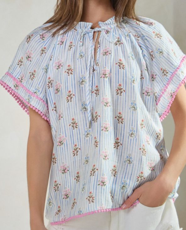 Floral Striped Double Layer Crochet Trim Sleeve Top