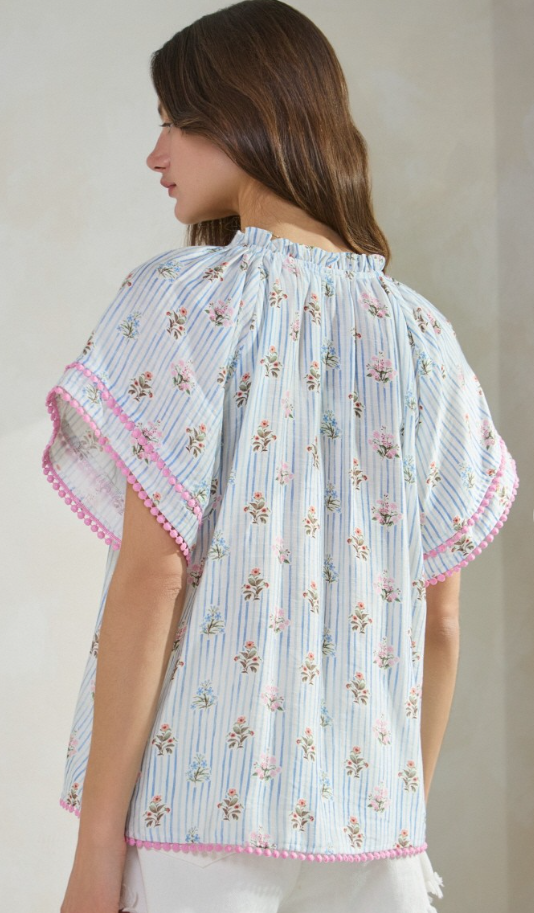 Floral Striped Double Layer Crochet Trim Sleeve Top