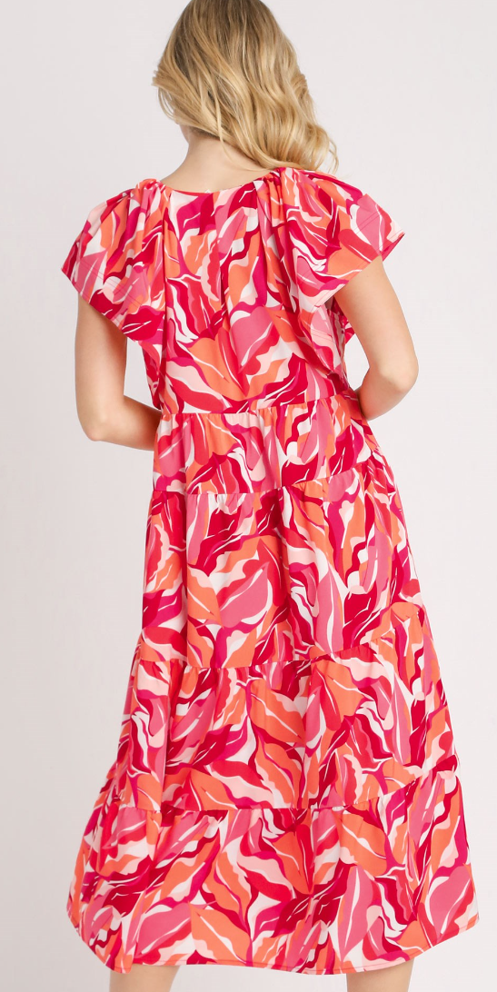 Leaf Print V-Neck Tiered Midi Dress - Pink