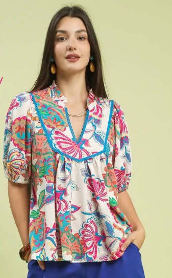 Paisley V-Neck Crochet Yoke Gathered Sleeve Top-Cream