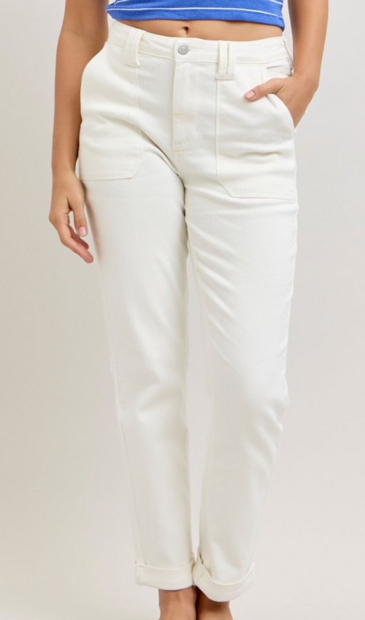 High Waist Patch Pocket Rolled Cuff Denim-Wht