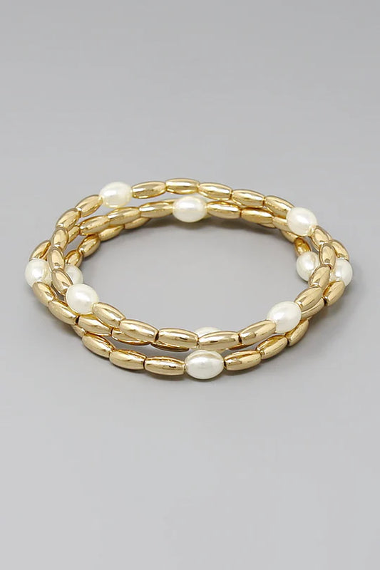 Pearl & Metal Tube Bead Bracelet Set