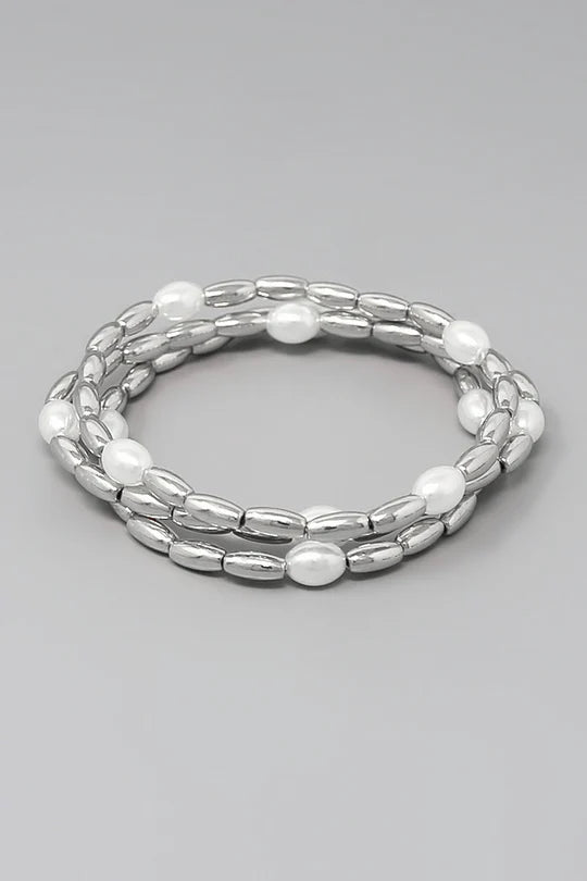 Pearl & Metal Tube Bead Bracelet Set