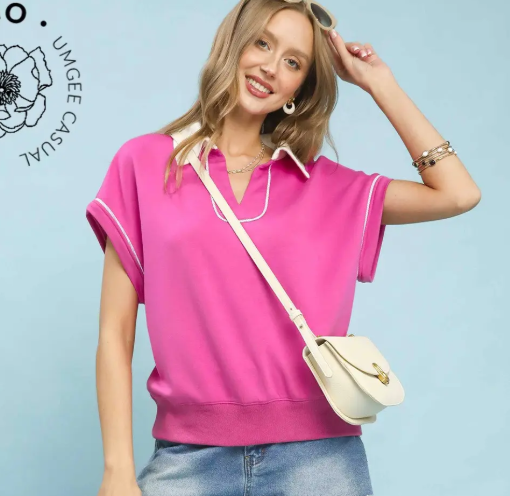 Collared Polo Top w/Contrast Piping