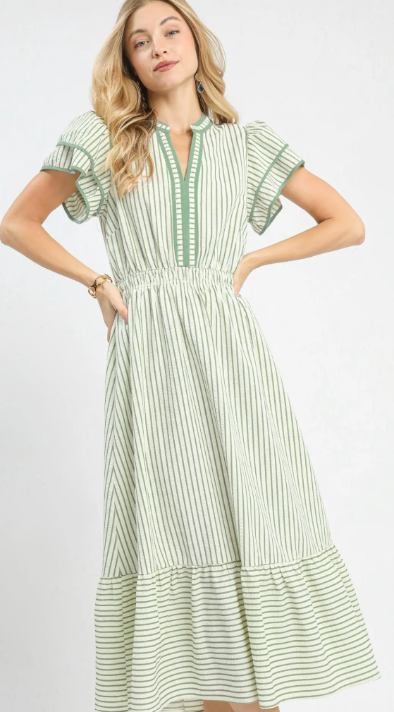 Striped Flutter Sleeve Contrast Piping Midi Dress