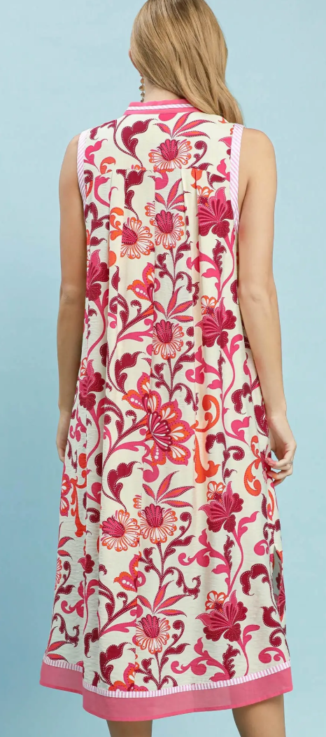 Sleeveless Floral Scroll Border Print Midi Dress