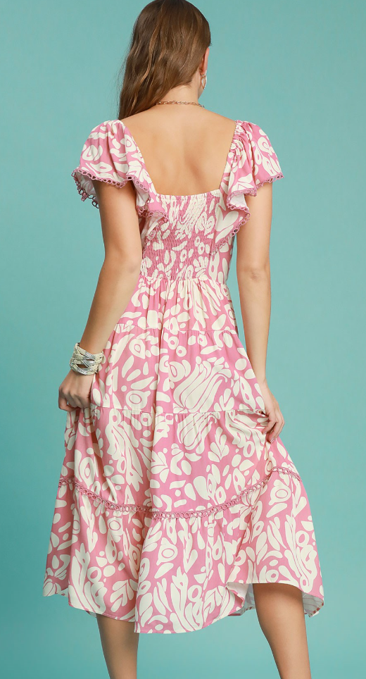 Two Tone Geo Floral Tiered Midi Dress-Pink
