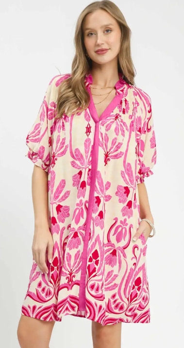 Botanical Damask A-Line Shift Dress-Pink